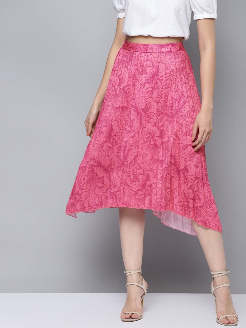 Women Fuchsia Floral Bias Flared Skirt