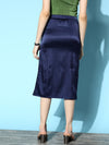 Women Navy Lycra Satin Side Slit Midi Skirt