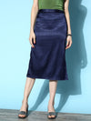 Women Navy Lycra Satin Side Slit Midi Skirt