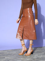 Women Brown PU A-Line Midi Skirt