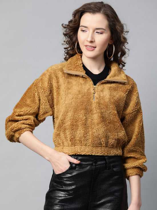 Mustard Zip Front Faux Fur Crop Sweatshirt