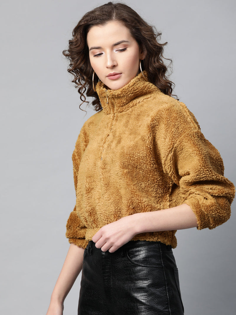 Mustard Zip Front Faux Fur Crop Sweatshirt