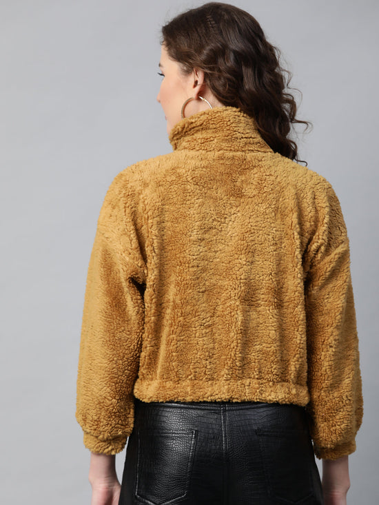 Mustard Zip Front Faux Fur Crop Sweatshirt