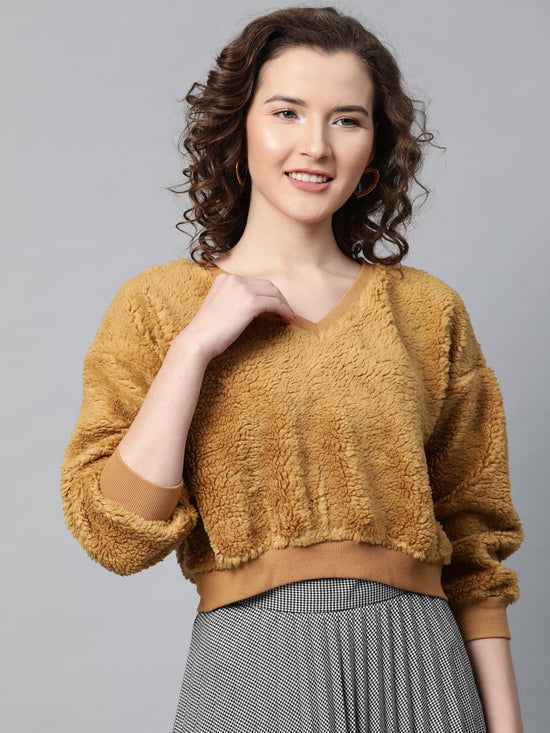 Mustard V-Neck Faux Fur Crop Sweatshirt