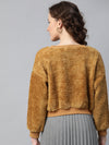 Mustard V-Neck Faux Fur Crop Sweatshirt
