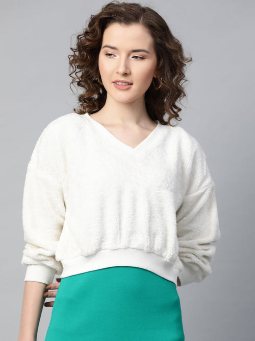 White V-Neck Faux Fur Crop Sweatshirt