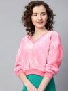 Pink V-Neck Faux Fur Crop Sweatshirt