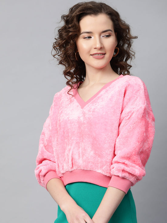 Pink V-Neck Faux Fur Crop Sweatshirt