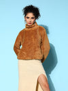 Women Mustard High Neck Faux Fur Sweatshirt