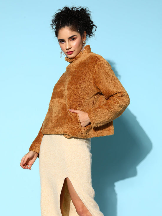 Women Mustard High Neck Faux Fur Sweatshirt