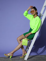 Women Neon Green V-Neck Crop Sweatshirt