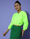 Women Neon Green V-Neck Crop Sweatshirt