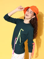 Women Teal Multicolor Ribbon Detail Sweatshirt