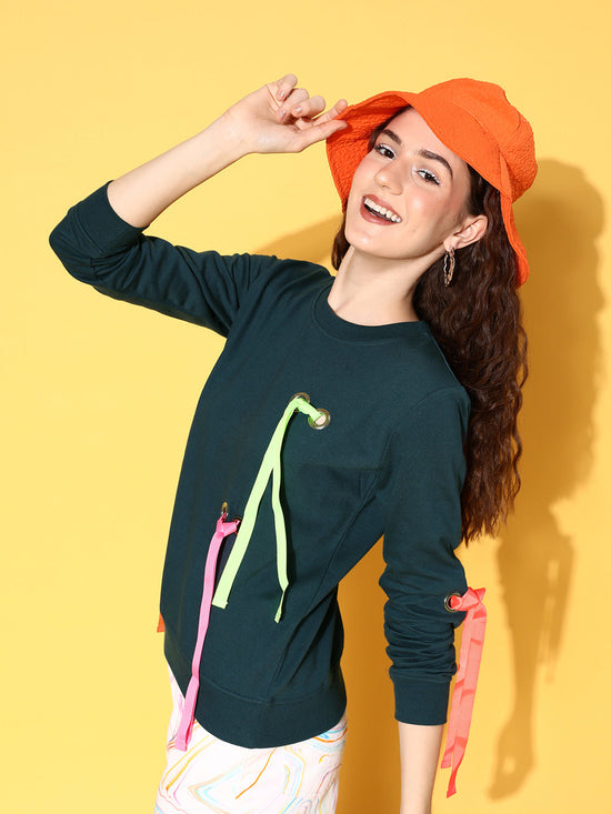 Women Teal Multicolor Ribbon Detail Sweatshirt