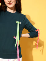 Women Teal Multicolor Ribbon Detail Sweatshirt