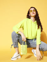 Women Neon Green Drawstring Crop Hoodie