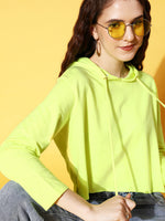 Women Neon Green Drawstring Crop Hoodie