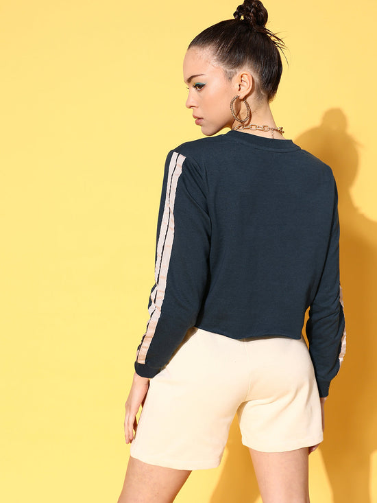 Women Navy Double Tape Boxy Crop Sweatshirt