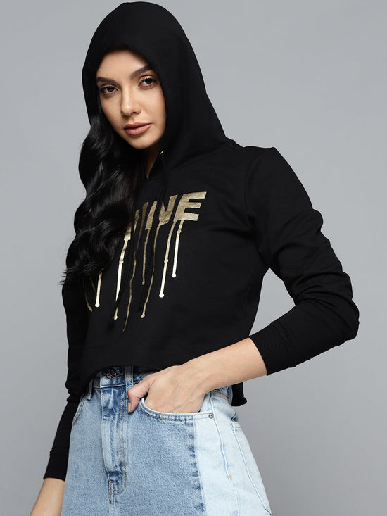 Black SHINE Foil Print Terry Crop Hoddie