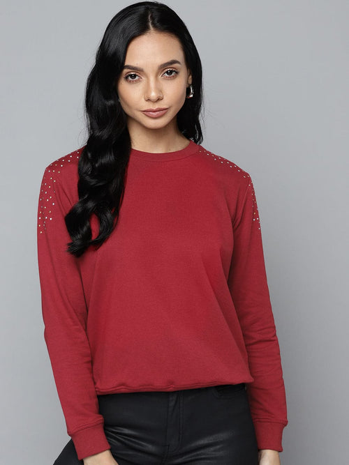 Maroon Shoulder Studded Terry Sweatshirt