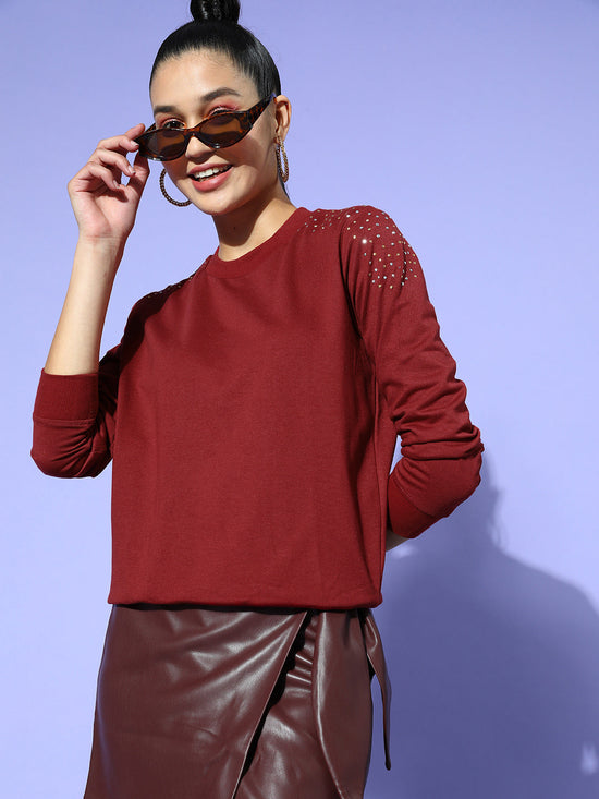 Women Maroon Shoulder Studded Terry Sweatshirt