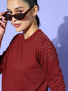 Women Maroon Shoulder Studded Terry Sweatshirt