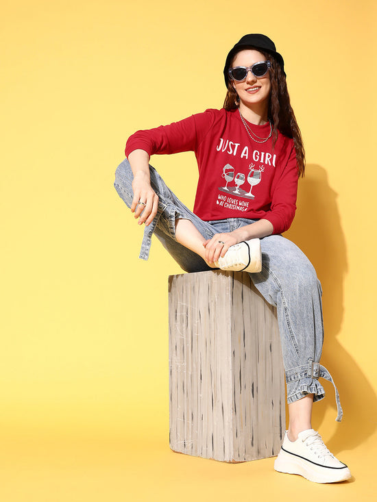 Women Red Terry JUST A GIRL Sweatshirt