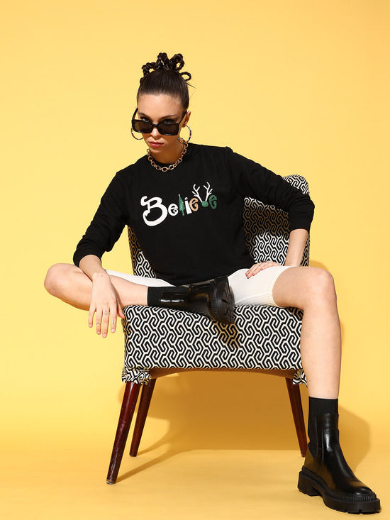 Women Black Terry BELIEVE Sweatshirt