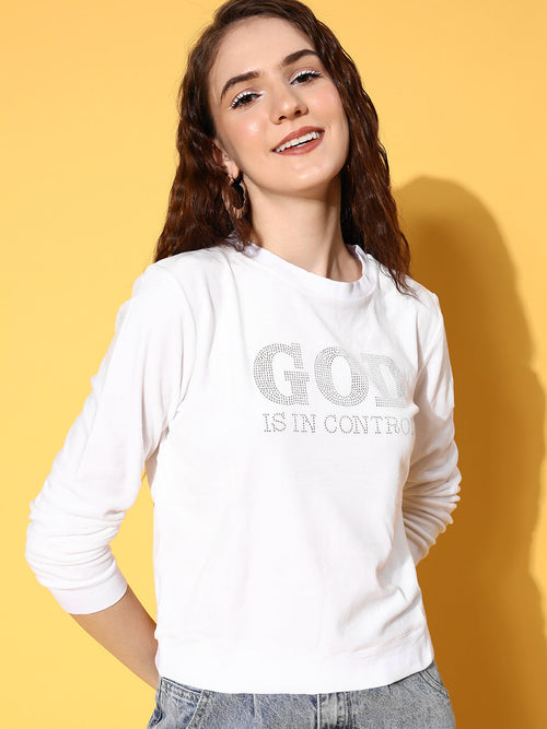 Women White Velour Studded GOD Sweatshirt