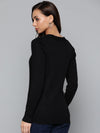 Women Black Rib Square Neck Full Sleeves Sweater