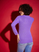 Women Lavender Rib Square Neck Full Sleeves Sweater