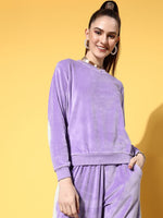 Women Lavender Velour Contrast Patch Sweatshirt