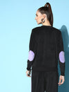 Women Black Velour Contrast Patch Sweatshirt