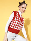 Women Red Houndstooth V-Neck Sleeveless Sweater
