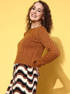 Women Brown Cableknit Full Sleeves Sweater