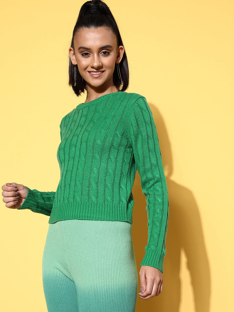 Women Green Cableknit Full Sleeves Sweater
