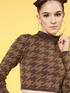 Women Brown & Dark Brown Houndstooth Crop Sweater