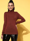 Women Rust Rib High Neck Button Detail Sweater