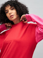 Women Red Knitted Colourblock Oversize Sweatshirt