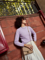 Women Purple Round Neck Hairy Fur Pullover Sweater