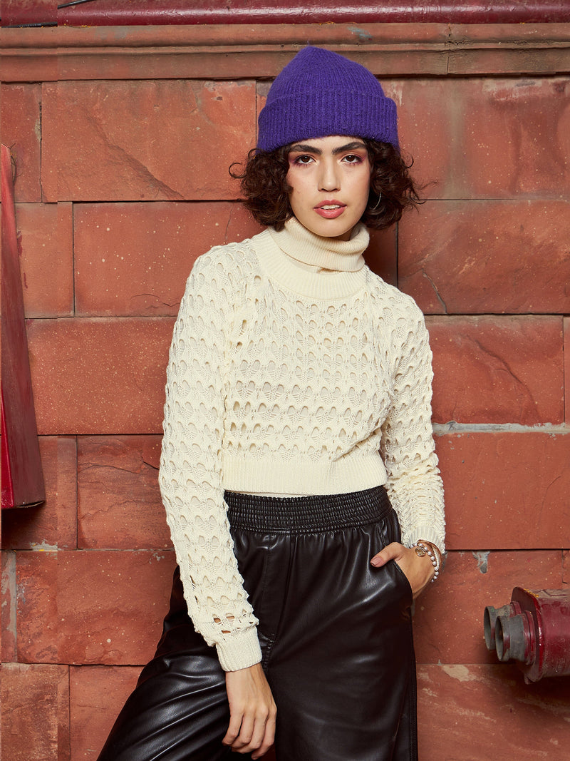 Women Off-White Crochet Crop Sweater Top