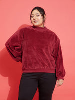 Women Maroon Fleece Fur High Neck Sweatshirt