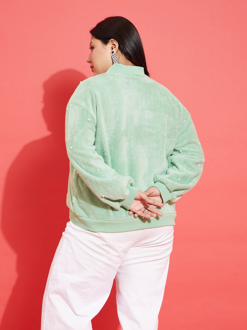 Women Green Fleece Fur Pearl Detail Sweatshirt