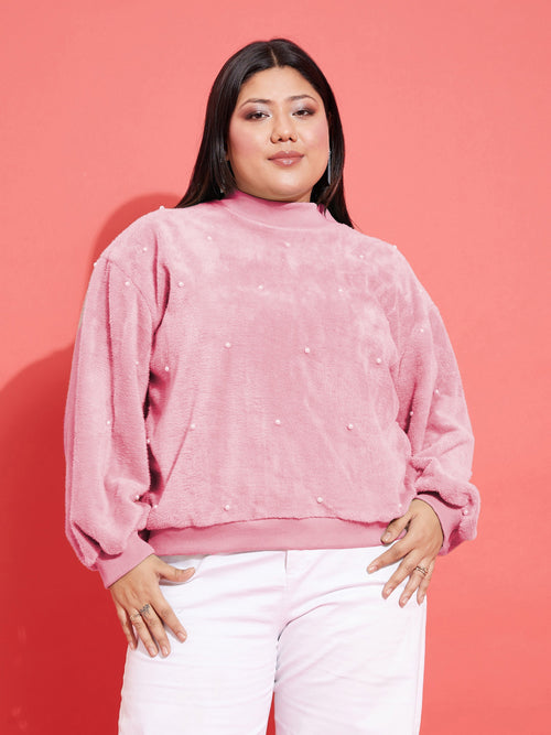 Women Pink Fleece Fur Pearl Detail Sweatshirt