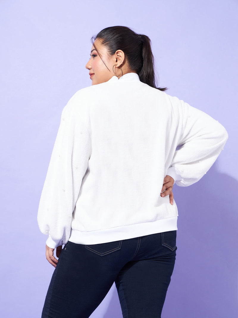 Women White Fleece Fur Pearl Detail Sweatshirt