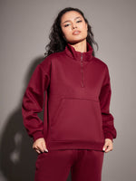 Women Maroon Fleece Front Zipper Sweatshirt