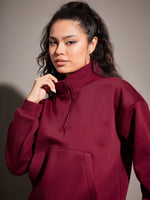 Women Maroon Fleece Front Zipper Sweatshirt