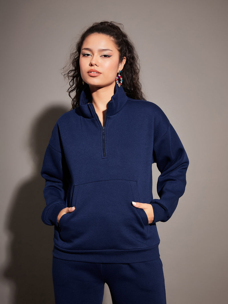 Women Navy Fleece Front Zipper Sweatshirt