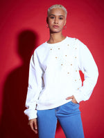 Women White Terry Pearl Embellished Oversized Sweatshirt