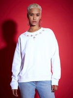 Women White Terry Neck Sequin Embellished Oversized Sweatshirt
